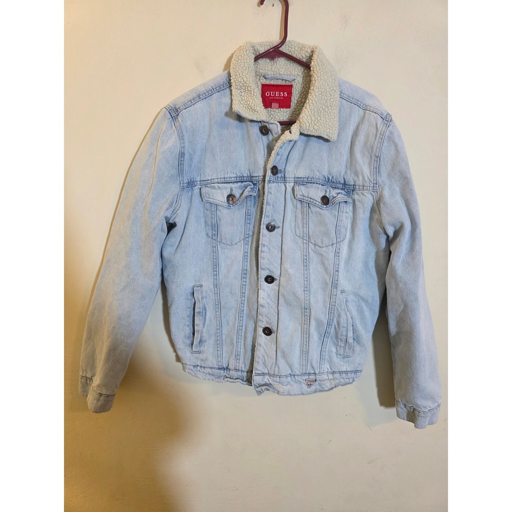 Guess‎ Sherpa Lined Denim Jacket Light Wash Blue Trucker T1BJ04D3MI0 Mens Medium